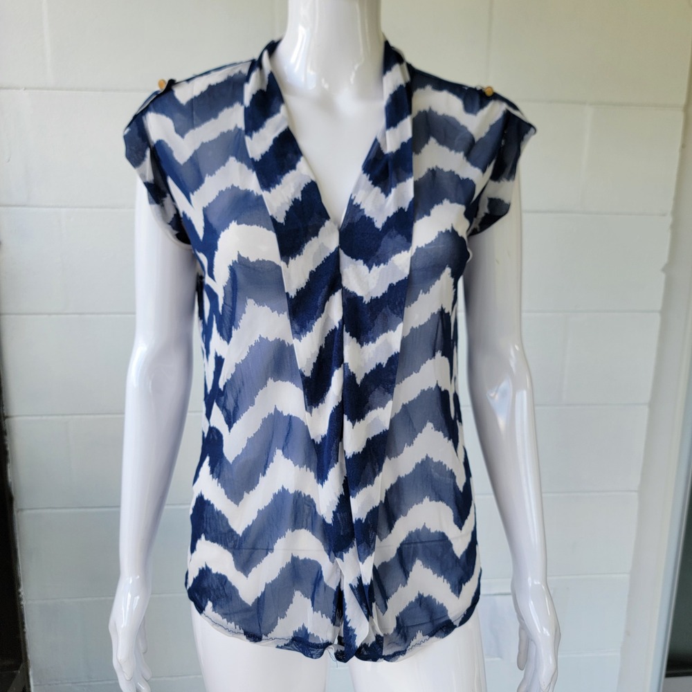 French Laundry Blue White Chevron Top Women M Sheer Coastal Preppy Office Chic
